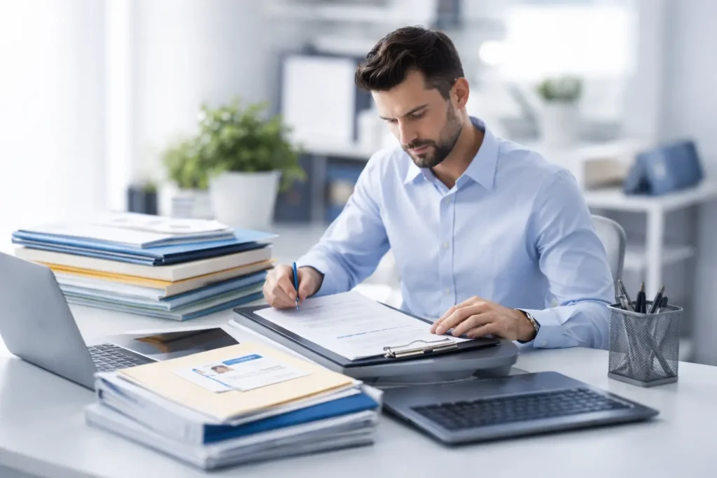 Credentialing Specialist reviewing documents at an office desk.