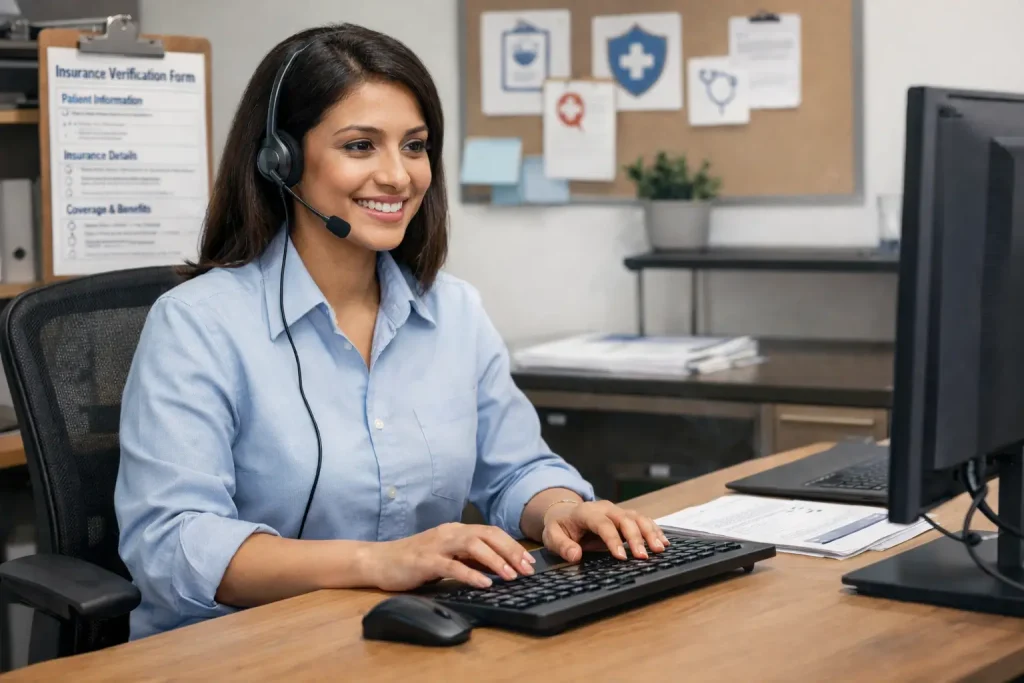 Eligibility Verification Specialist working at a computer in an office.