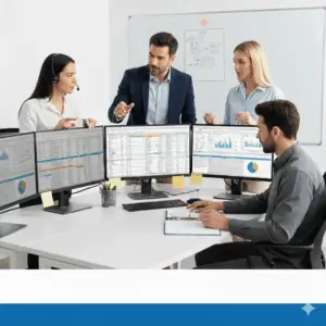 Team analyzing financial reports on monitors