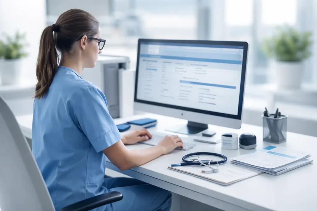 Medical Billing Specialist working on a computer in a clinical office.